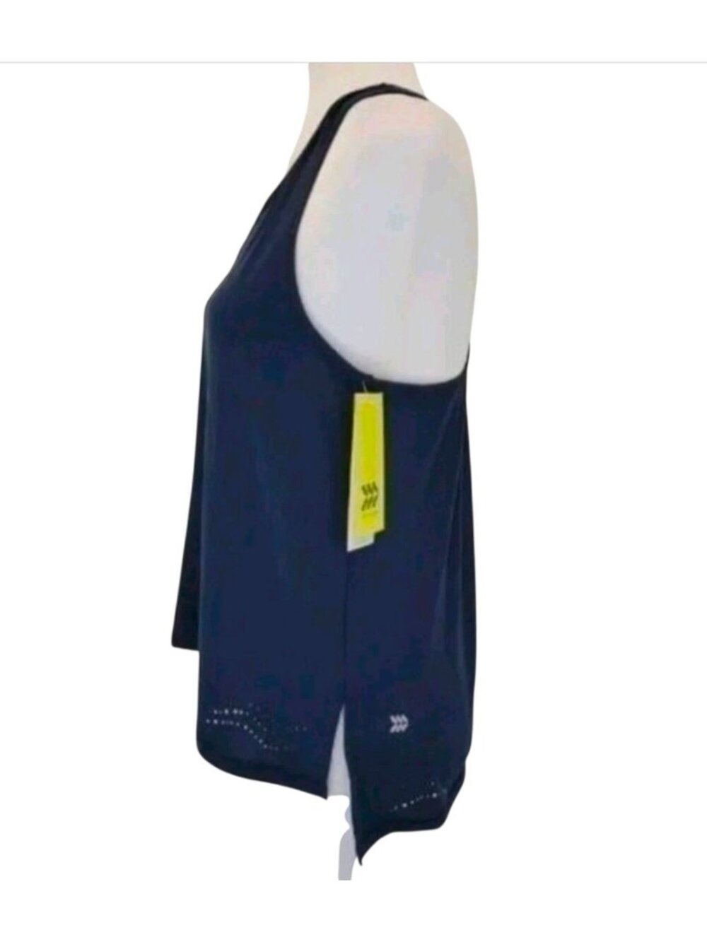 Sleeveless Navy Blue Racerback Tank Top With Laser-Cut Hem Detail Lightweight & - Picture 5 of 9